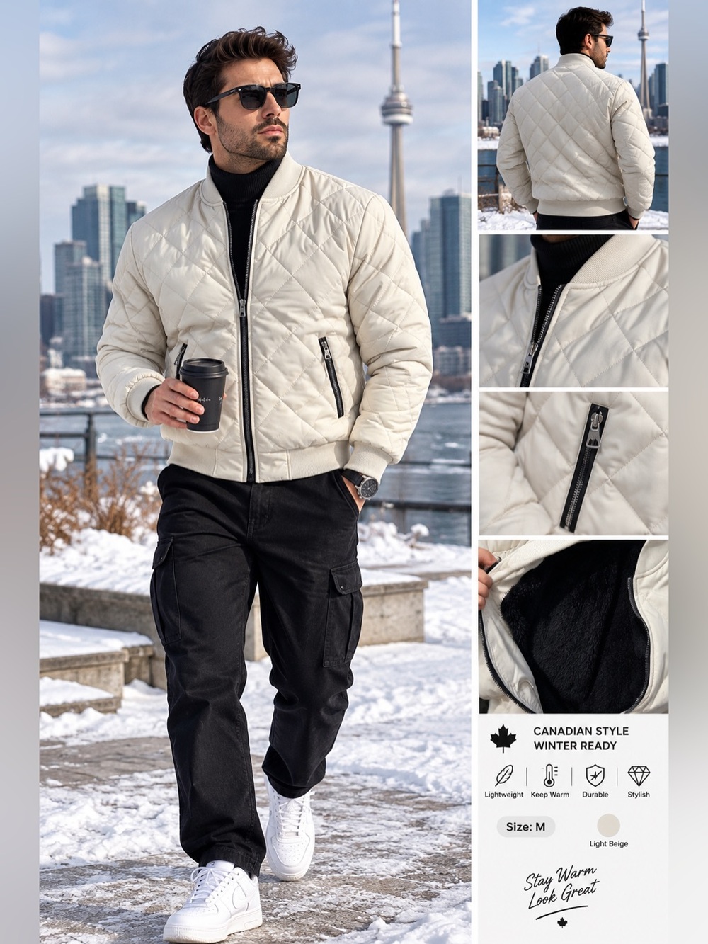 Light Beige Quilted Bomber Jacket - Men size M